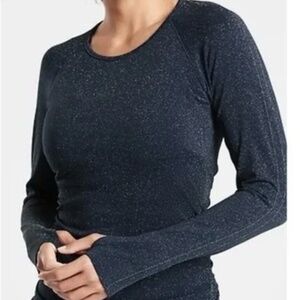Athleta Speedlight Glow Sparkle Top Blue Metallic Long Sleeve Ruched Size Small